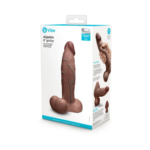 Brown 8-inch Slipskin Girthy dildo beside retail box
