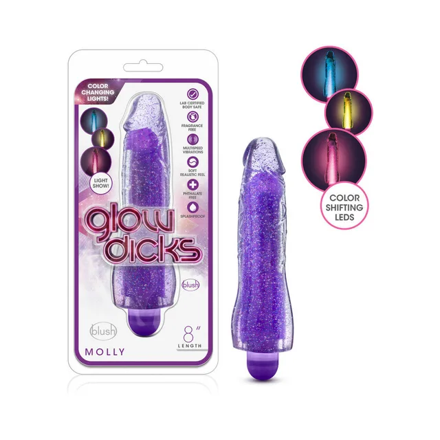 Blush Glow Dicks Molly glitter-purple vibrator beside retail package with color-shifting lens callout