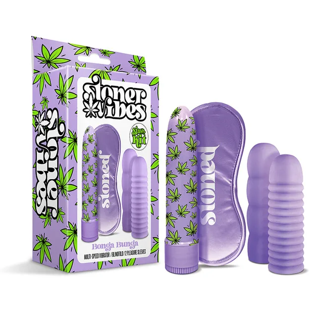 Purple Bonga Bunga kit with vibrator sleeves mask and leaf-print box