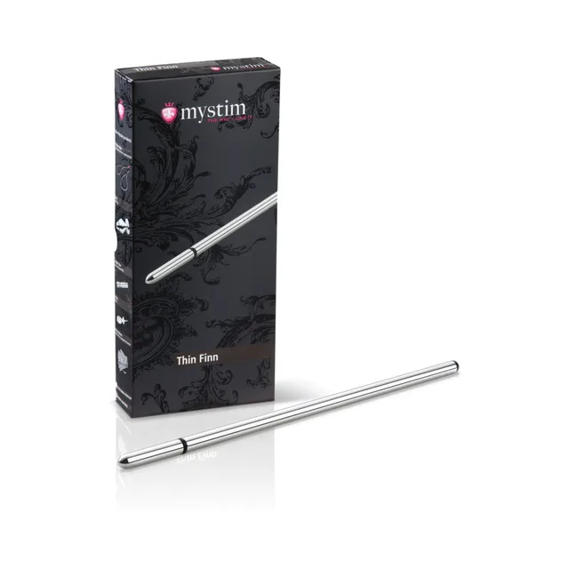 Mystim Thin Finn silver urethral sound straight metal rod beside black retail box