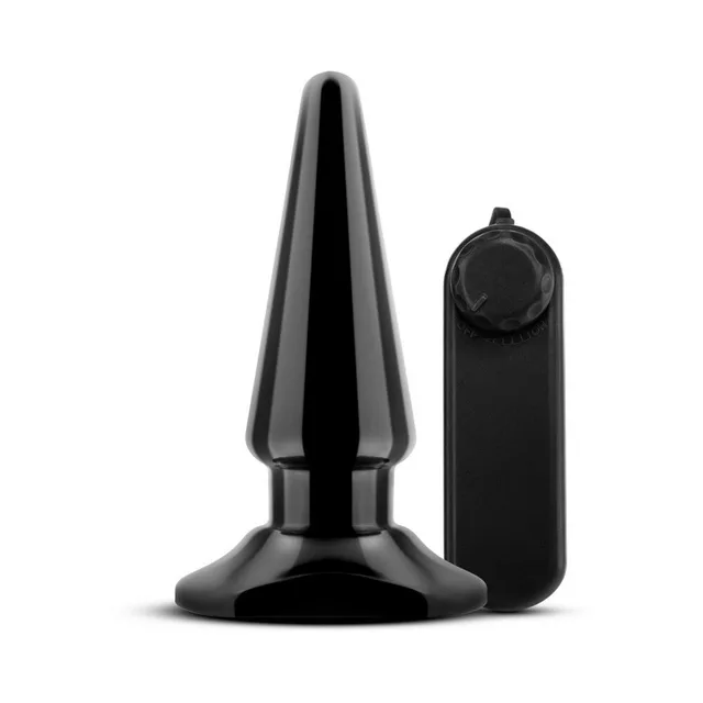 Black tapered vibrating plug beside multi-speed remote