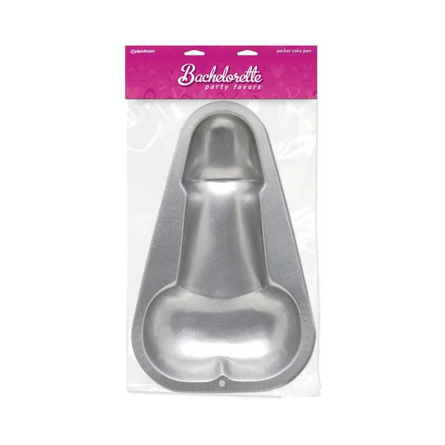 Silver Pipedream pecker-shaped metal cake pan in pink retail package