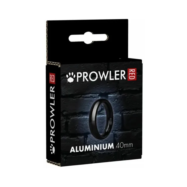 Prowler RED black 40 mm aluminum cock ring front of black brick-pattern carton with centered ring window