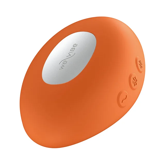 Tangerine We-Vibe Temp angled top view with silver panel