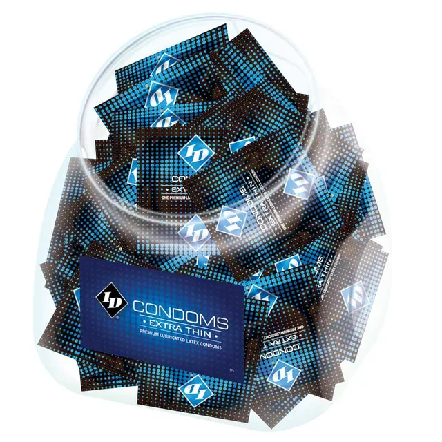 ID Extra Thin Condom Jar clear round jar filled with blue foil wrappers