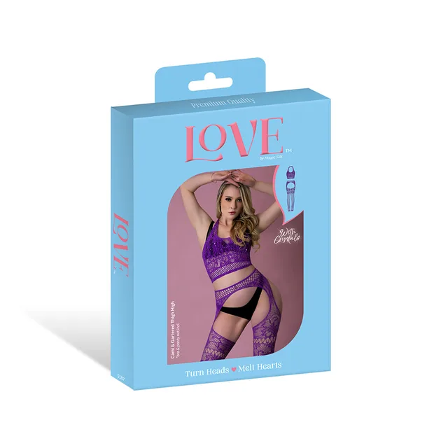 Magic Silk seamless purple cami gartered thigh high set displayed in blue retail packaging