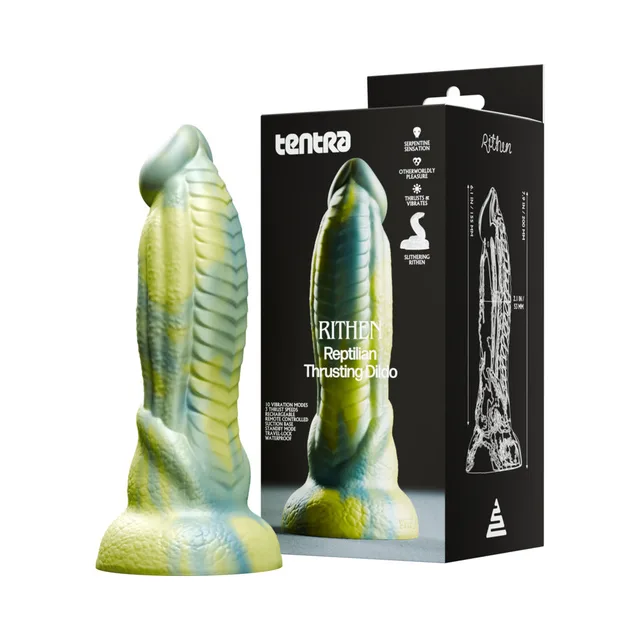Tentra Rithen green-and-blue reptilian dildo beside black retail box