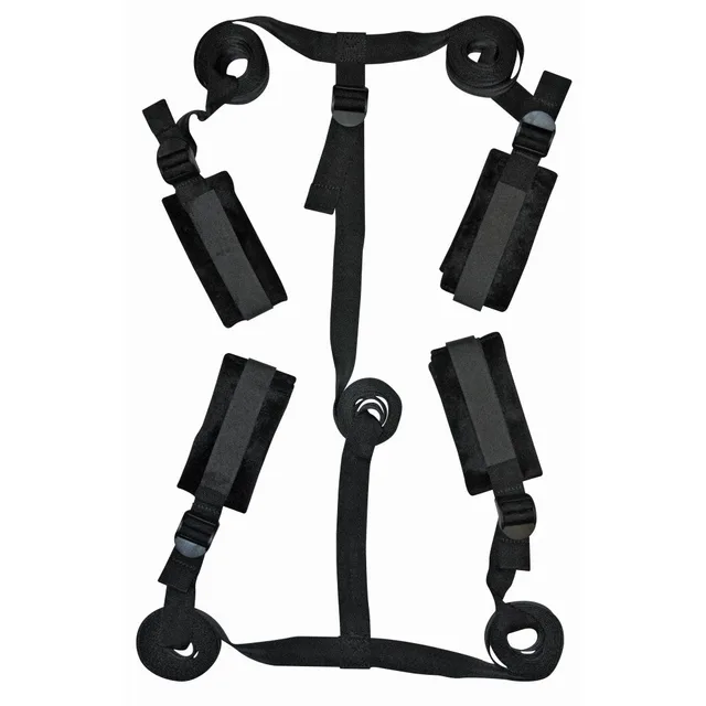 Black adjustable bed restraint straps and four padded cuffs laid flat
