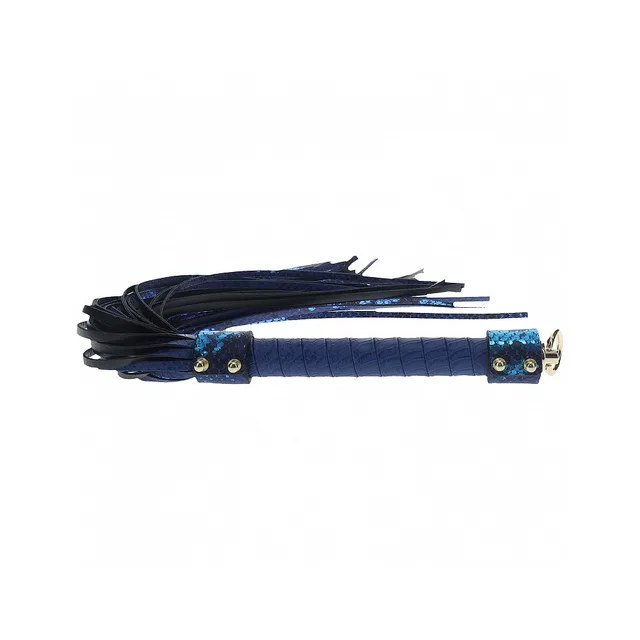 blue and black snakeskin flogger with wrapped handle and gold studs