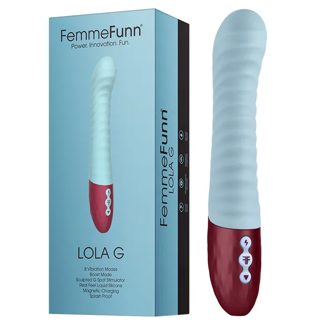 Light blue FemmeFunn Lola G vibrator beside blue retail box