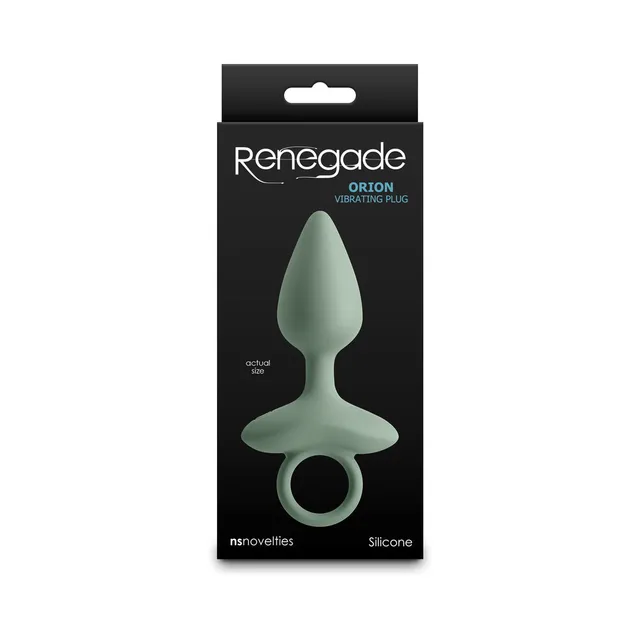Renegade Orion sage silicone vibrating plug pictured on black carton