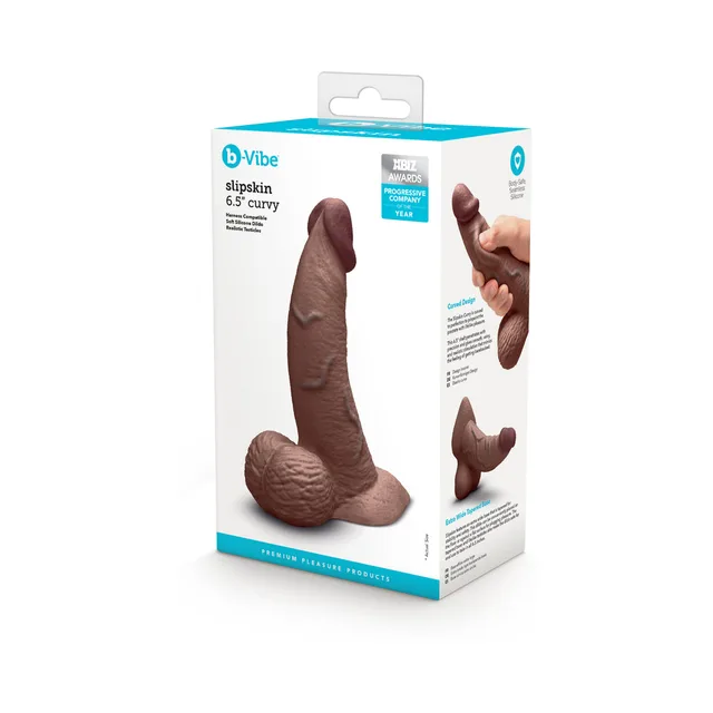 Brown 6.5-inch Slipskin Curvy dildo beside retail box