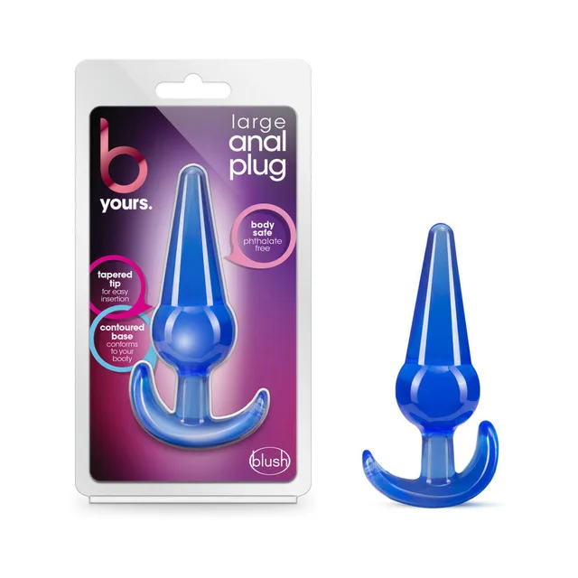 Large blue B Yours plug beside clear retail package