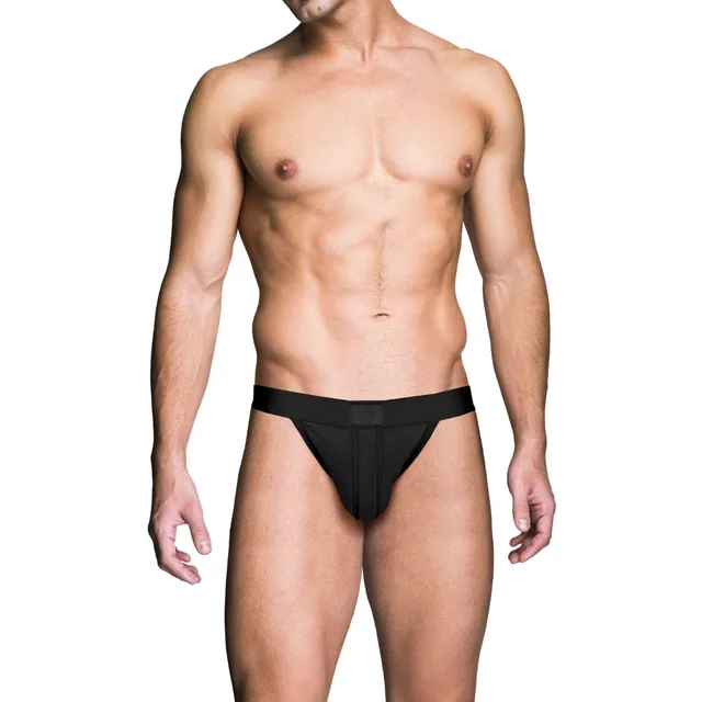 Front of black Prowler RED shaped-pouch jock strap 2XL
