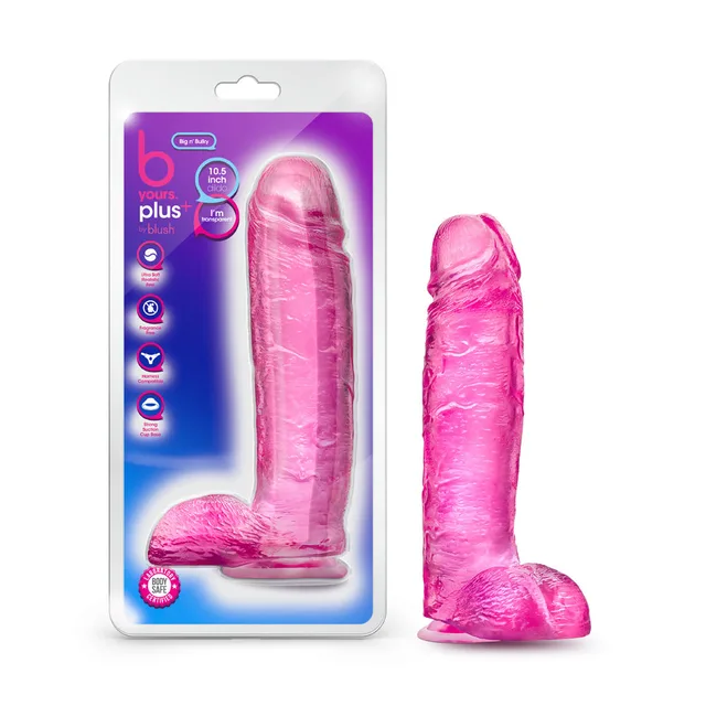 Blush B Yours Plus Big n Bulky pink 10.5 inch dildo beside retail clamshell package