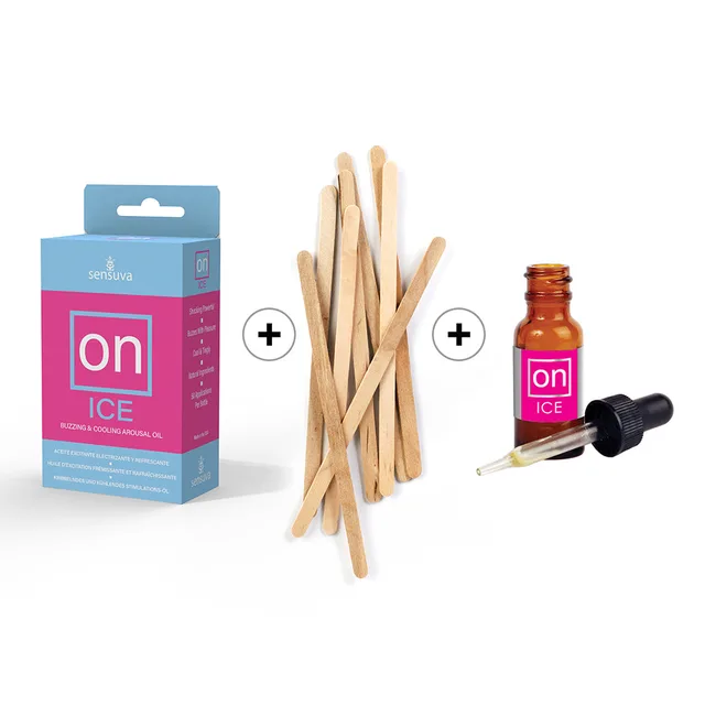 Sensuva ON Ice blue box amber dropper bottle tester and wooden sticks