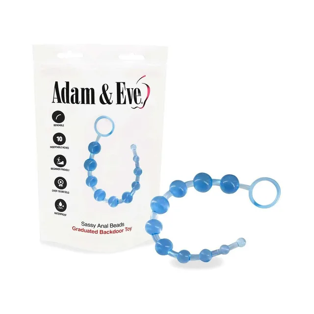 Blue Adam and Eve graduated anal beads displayed beside white bag
