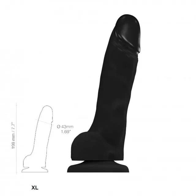 Side profile and measurement drawing of black XL dildo