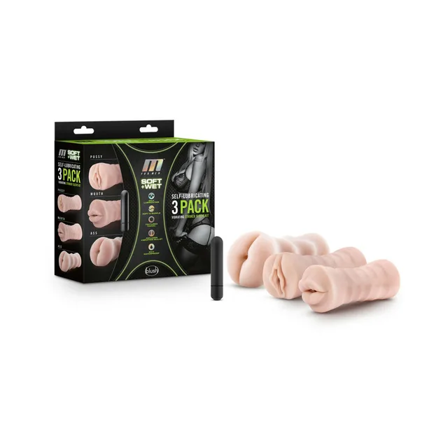 M for Men beige three-pack stroker kit beside black retail boxes