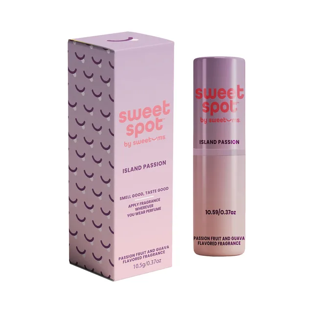 Sweetums Sweet Spot island passion flavored fragrance displayed as a lavender tube beside its retail box