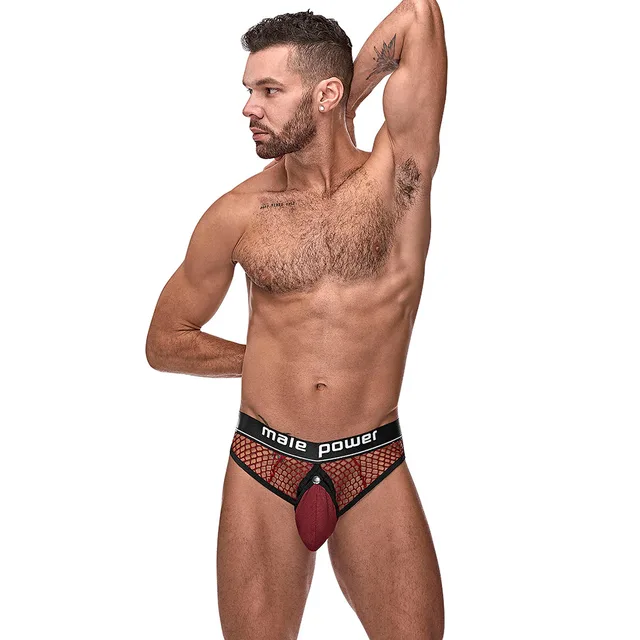 Front view of model wearing burgundy Ultimate Duo fishnet thong size L/XL
