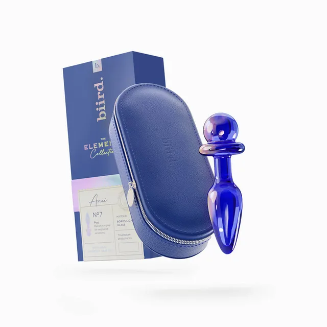 Biird Anii purple glass plug beside blue fitted case and retail box