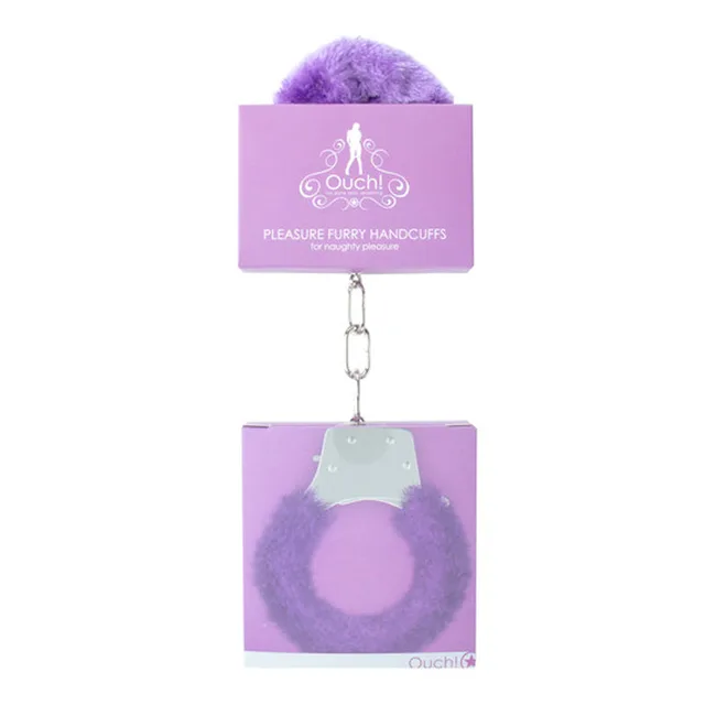 Ouch Pleasure Purple Furry Handcuffs in hanging package