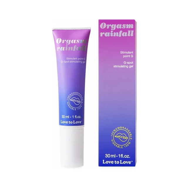 Orgasm Rainfall one-ounce purple gel tube beside gradient box