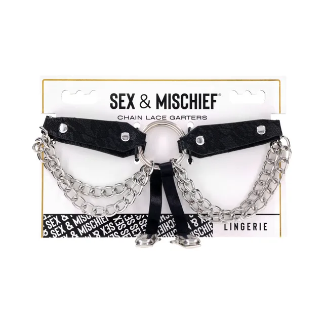 Sportsheets black lace garters with silver rings clips and draped chains