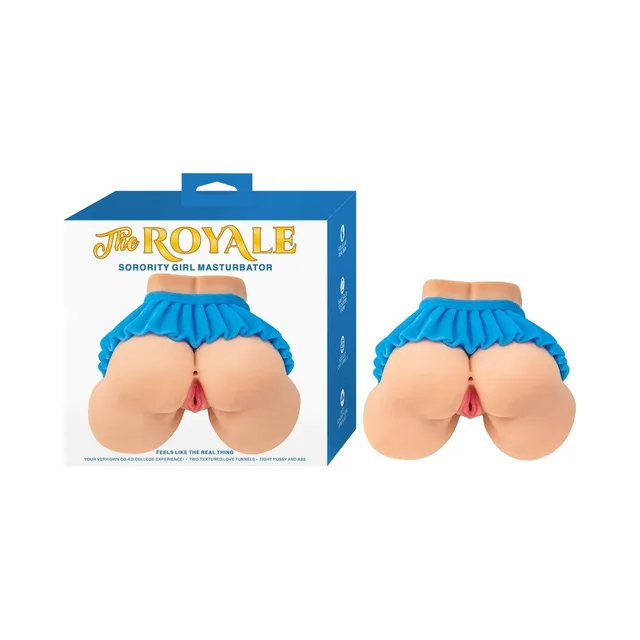 Nasstoys Royale Sorority Girl dual-entry masturbator beside the blue retail box with ruffled skirt fitted