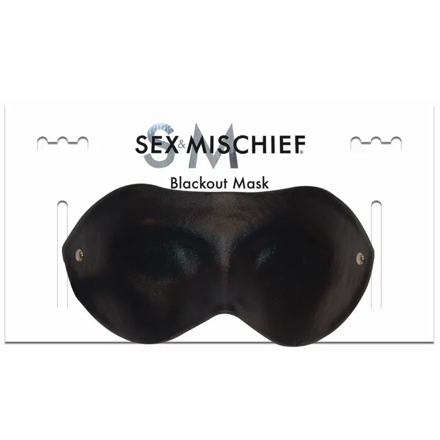 Sex & Mischief Blackout Mask black blindfold mounted on white retail card
