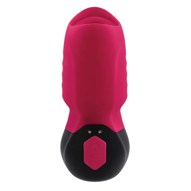 Front view of red Body Kisses massager and black base