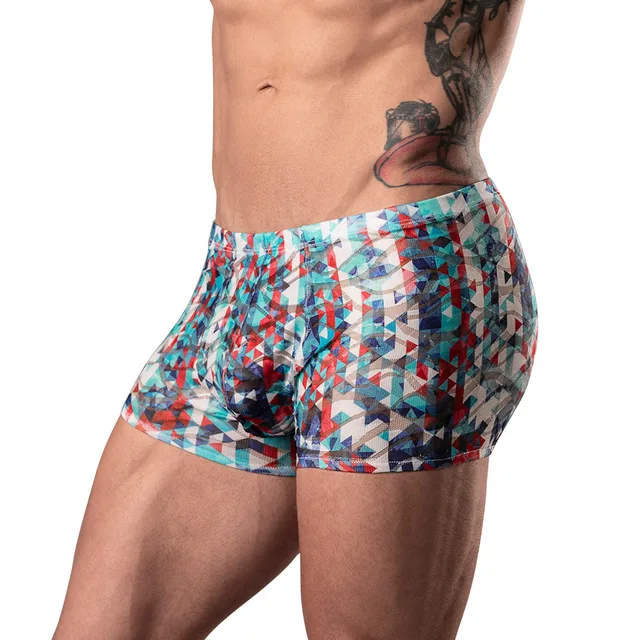 Male Power Your Lace Or Mine XL multicolor geometric pouch short side view worn by model