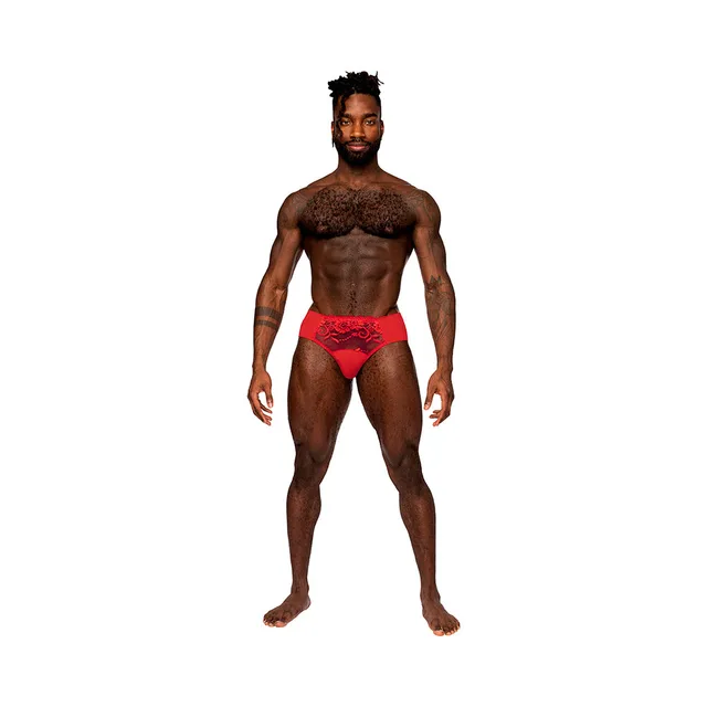 Front view of red Sassy Lace solid-pouch bikini in large