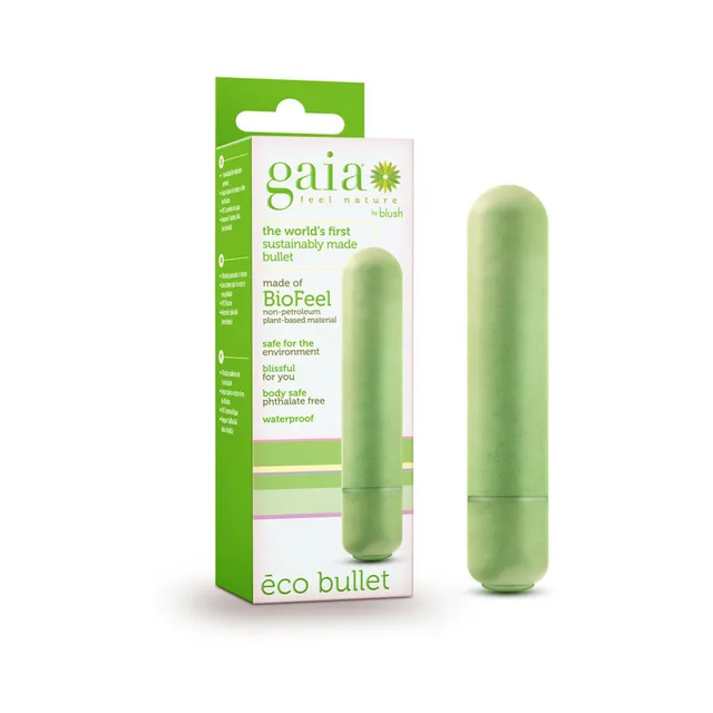 Blush Gaia Eco Bullet green vibrator beside matching Gaia Eco Bullet retail package
