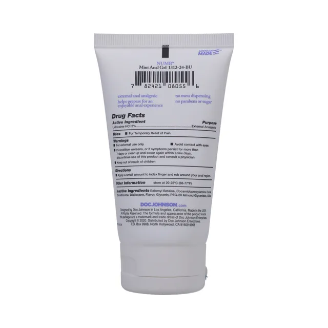 Densely printed rear label on Doc Johnson Mint anal gel tube