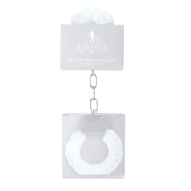 Ouch Pleasure White Furry Handcuffs in hanging package