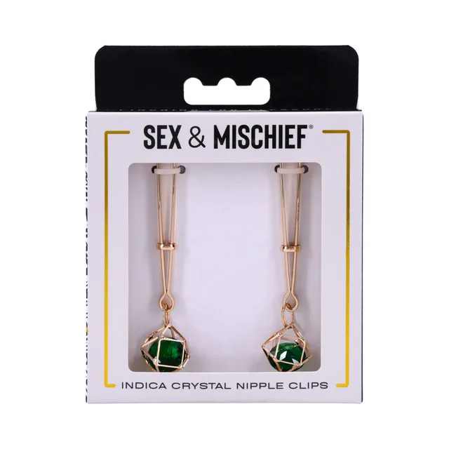 Pair of Sportsheets Indica gold-tone nipple clips with green crystal drops