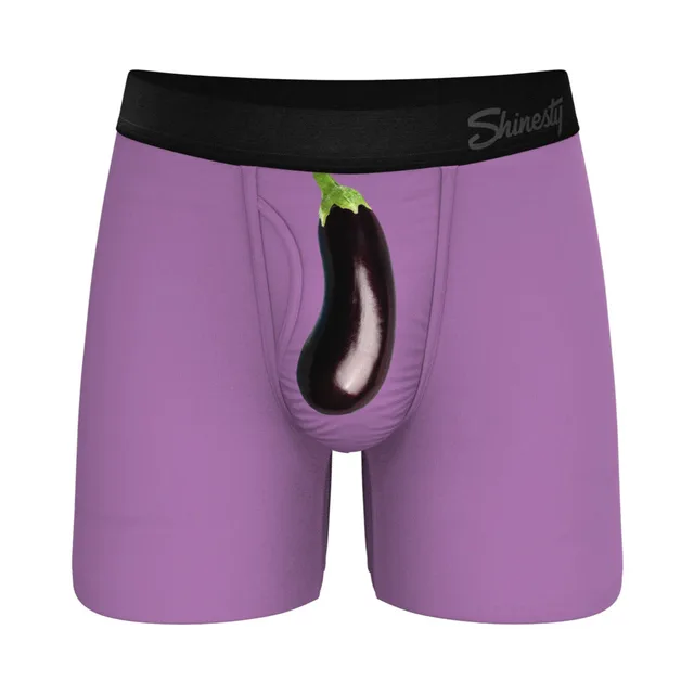 Front view of Shinesty Double Entendre size S purple eggplant pouch underwear