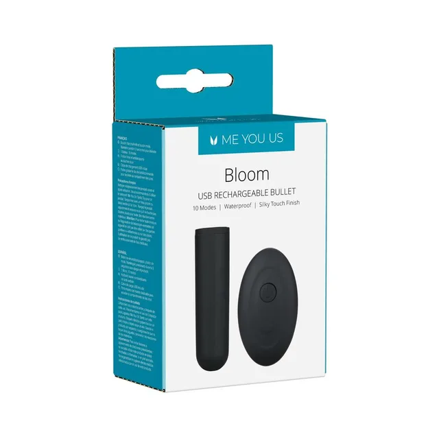 black Me You Us Bloom USB bullet vibrator beside oval remote on retail box