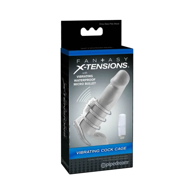 Fantasy X-tensions Vibrating Cock Cage black retail box with cage and bullet graphic