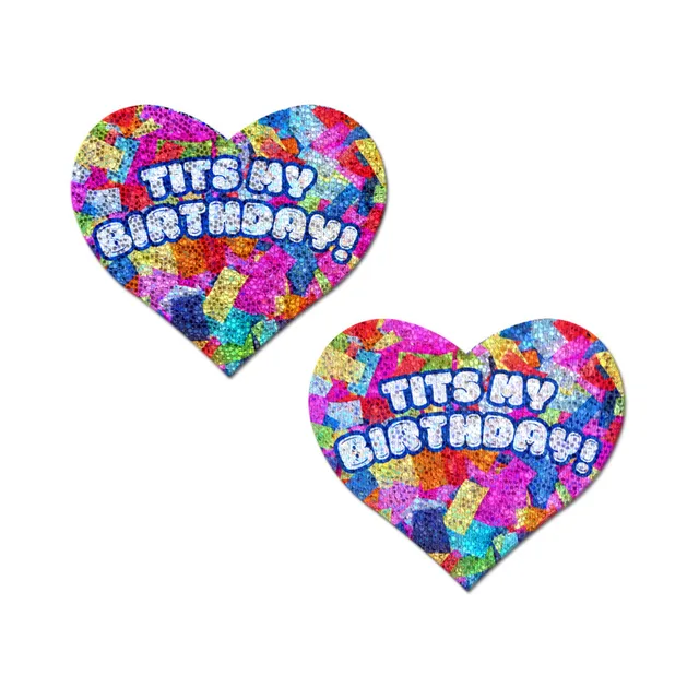 Pastease Tits My Birthday heart breast pasties matching confetti pair with bold white birthday lettering