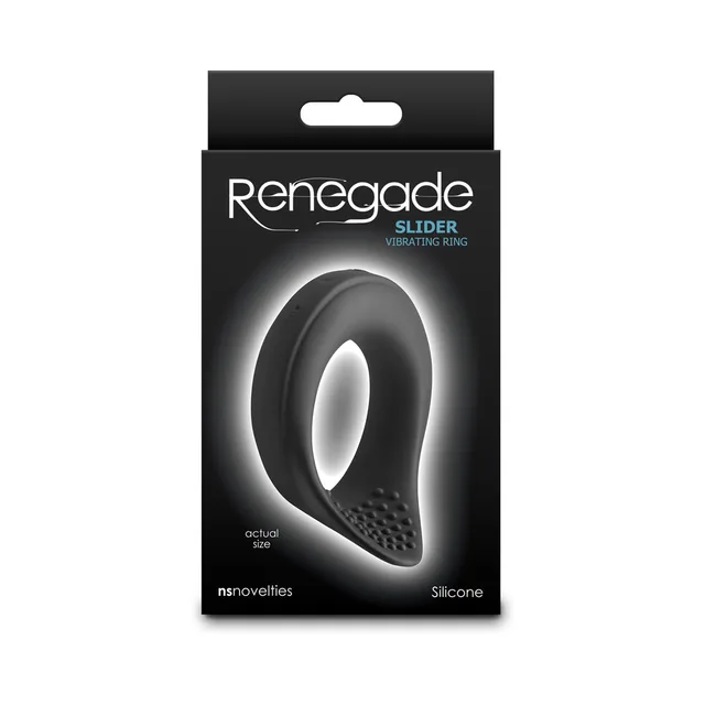 Renegade Slider black oval vibrating ring with textured panel on box