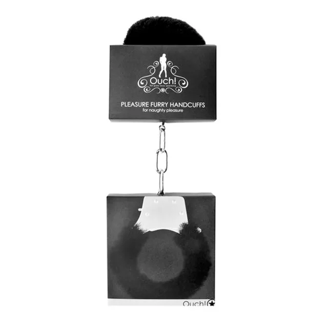 Ouch Pleasure Black Furry Handcuffs in hanging package