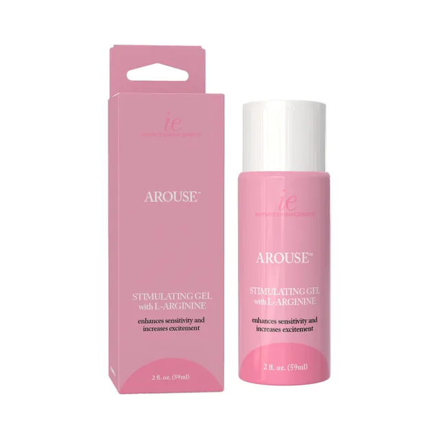 Intimate Enhancements Arouse pink 2 oz bottle beside carton