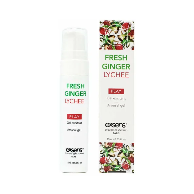 white pump bottle of Exsens Fresh Ginger Lychee gel beside floral carton