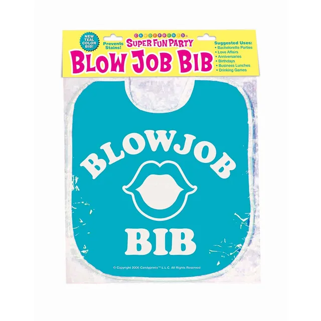 teal Blow Job Bib with white lettering in clear package