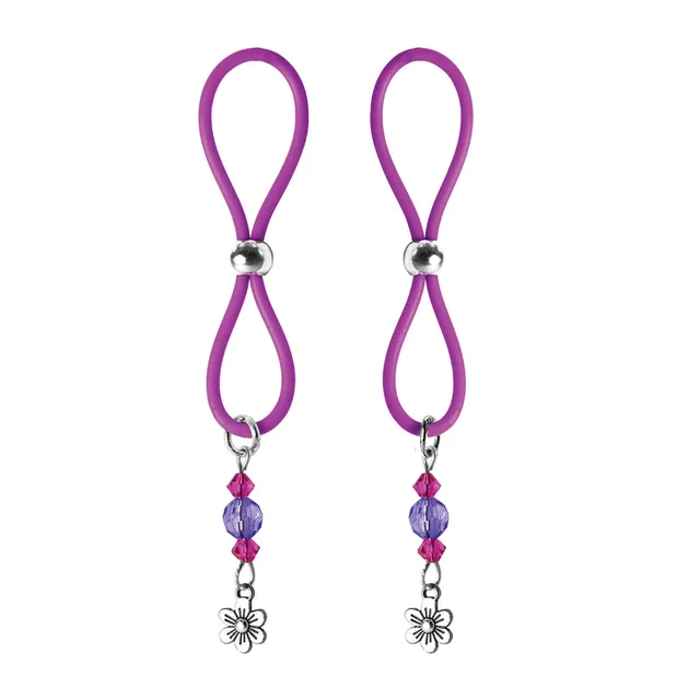 pair of purple figure-eight nipple halos with faceted beads and flower charms