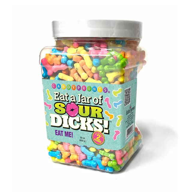 clear 2 lb jar of multicolor sour phallus-shaped candy with white lid