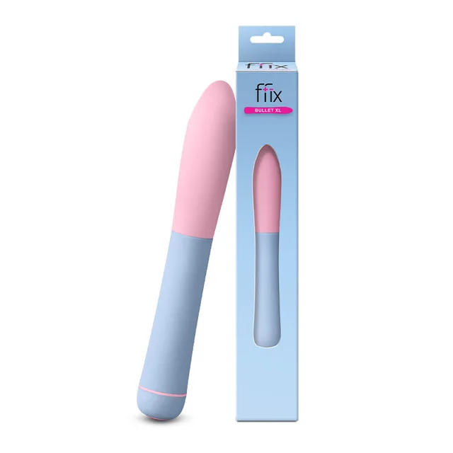 Pink and light blue FFIX Bullet XL beside slim blue retail box